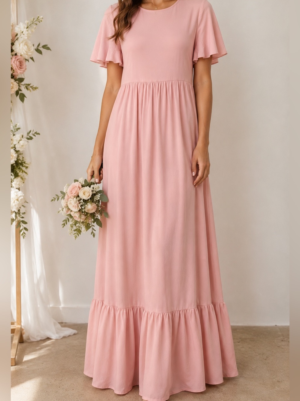 Bridesmaid Dress Pink Flutter Sleeve